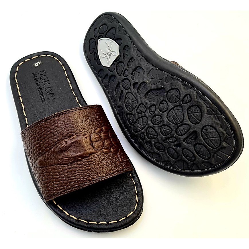 Dép quai ngang nam da bò 100%, Quai cá sấu, Hàng gia công chắc chắn bao đi nước mã T1,T2