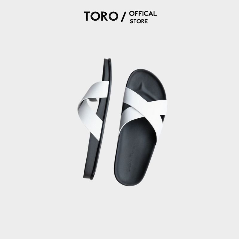 Dép da nam nữ  quai chéo Toro chất liệu da bò cao cấp , màu trắng đế cao su non T01