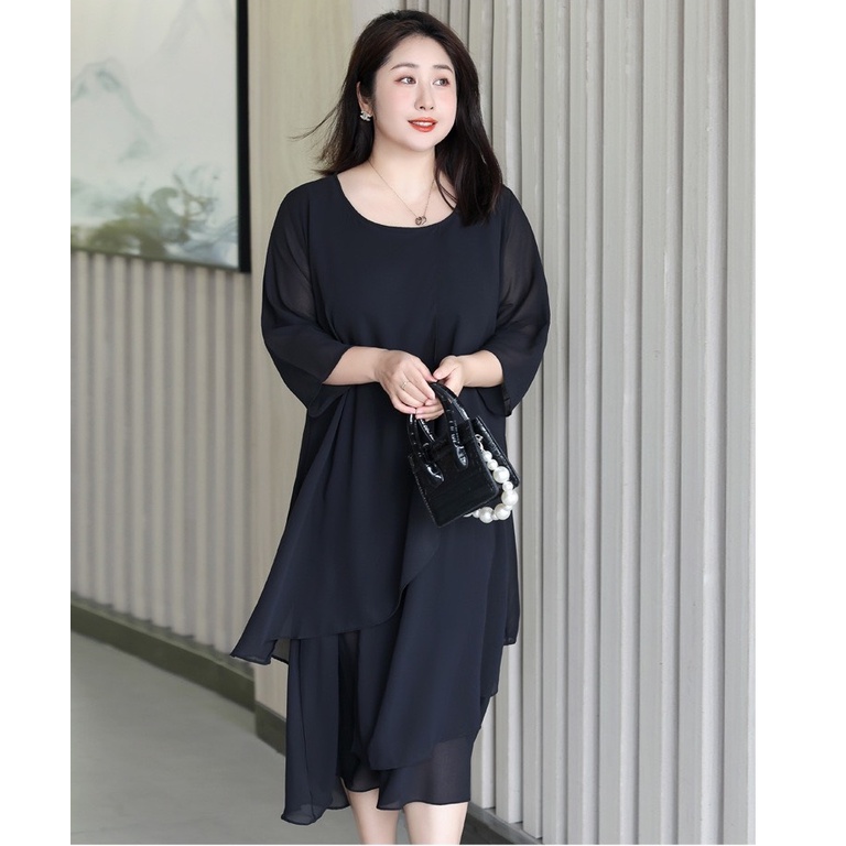 Đầm Váy Dạo Phố Big Size MAIHOUSE Dáng Suông Cổ Tròn Tà Đắp Chéo Tay Lửng Chất Tằm Ý Màu Đen Đỏ - D2374