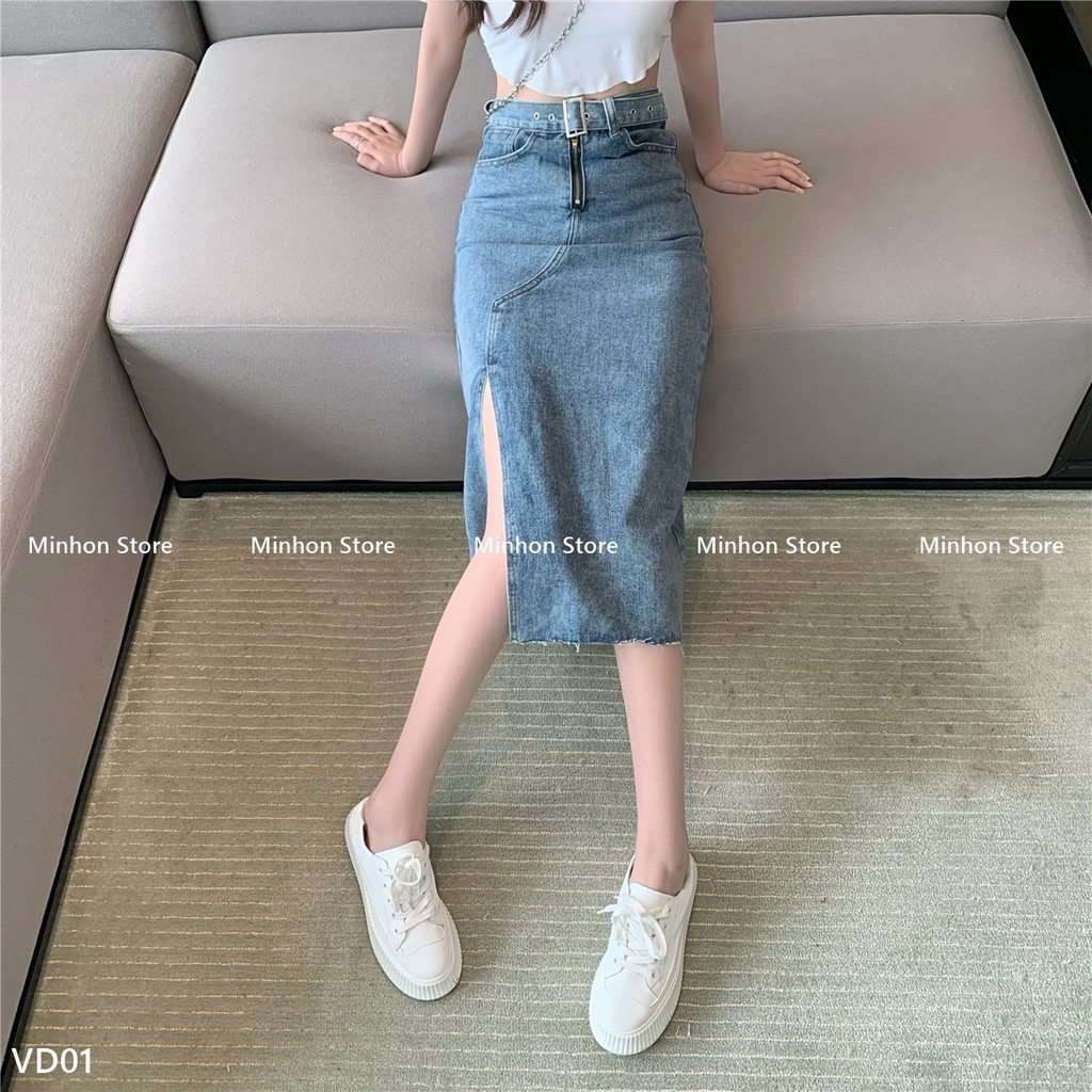 [Sẵn + Đai] Đầm Bò, Chân Váy Bò Dài Xẻ Tà Kèm Đai Nổi Bật, Trẻ Trung, Trendy (Minhon Store VD01) | BigBuy360 - bigbuy360.vn