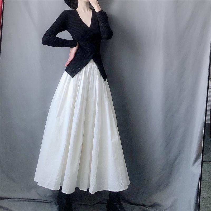 Chân váy dáng dài lưng thun cao màu đen/ trắng thiết kế xòe thời trang 2021 dành cho nữ