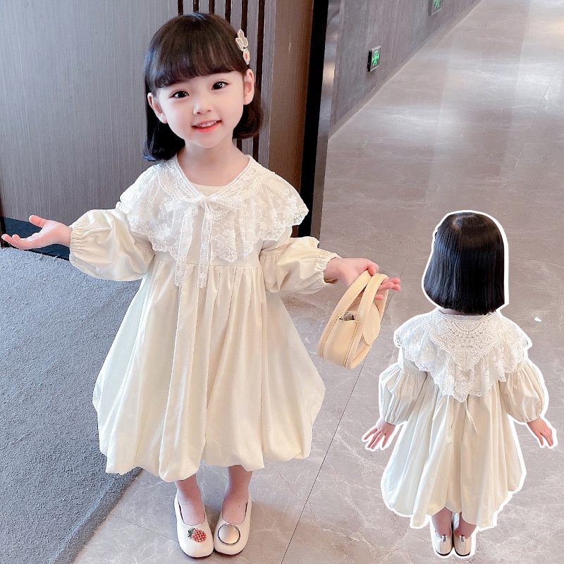 Đầm Công Chúa Tay Dài Phối Ren Màu Trắng Trơn Đơn Giản Thoải Mái Thời Trang Xuân Thu Cho Bé Gái 0-5 Tuổi