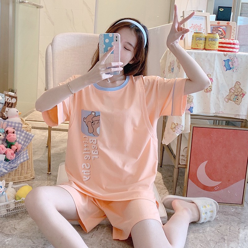 Bộ đồ bầu đùi cộc tay chất cotton với họa tiết in hình dễ thương mặc bầu và sau sinh BĐ866