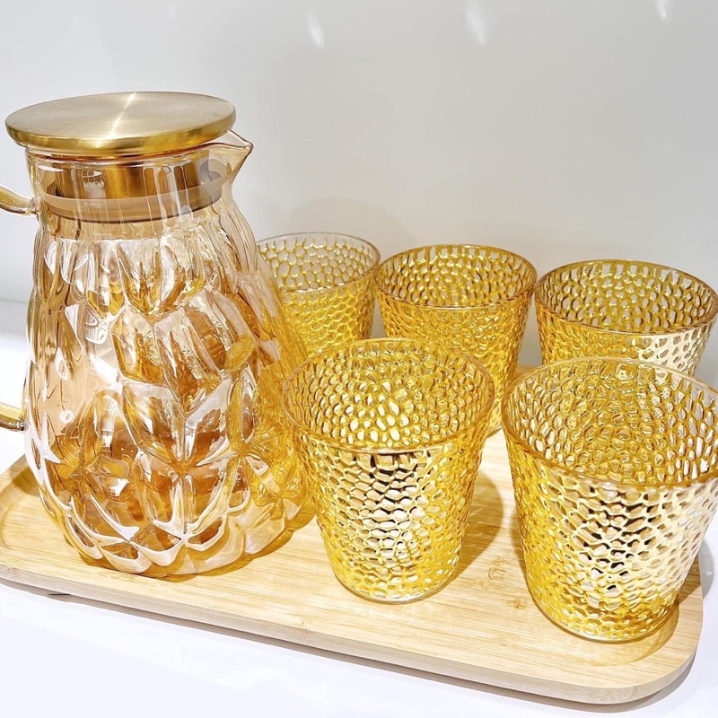 Bộ ly thuỷ tinh - cốc thuỷ tinh uống nước, bình chịu nhiệt nhiều màu kèm giá úp cốc mạ vàng