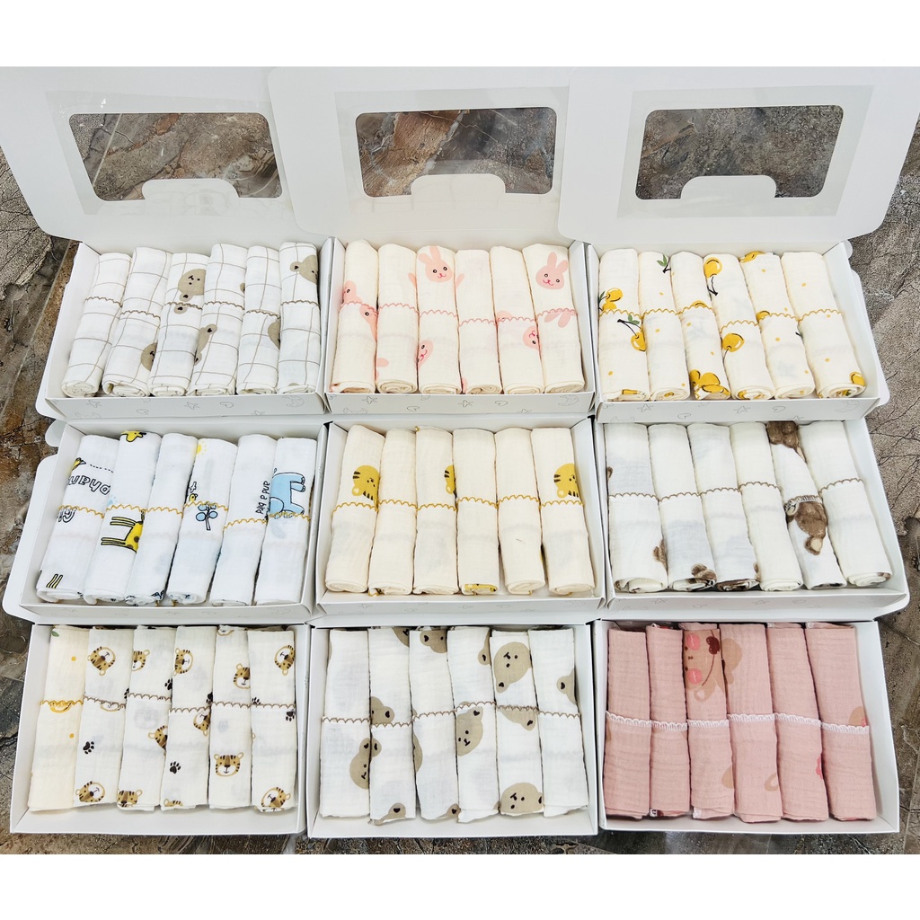 Hộp 6 khăn sữa Boona, khăn xô muslin 2 lớp cao cấp cho bé kích thước 30x30cm