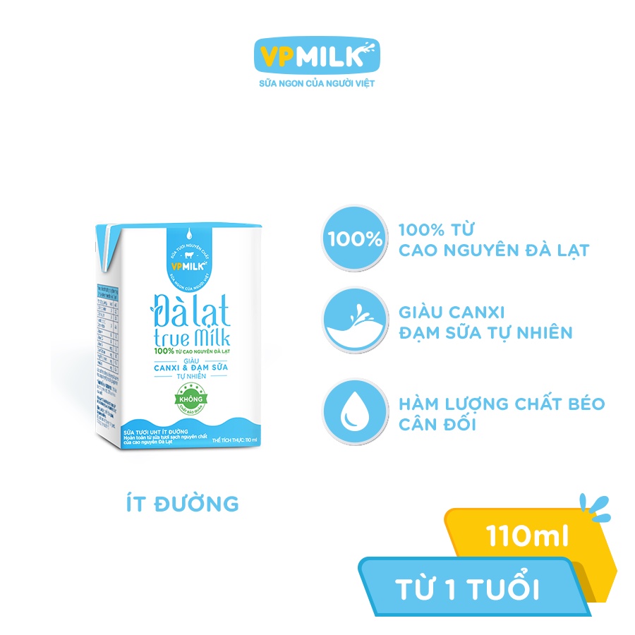 Sữa tươi VPMilk Đà Lạt True Milk ít đường hộp 110ml (thùng 48 hộp)