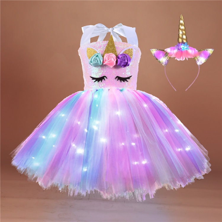 Đầm Công Chúa Hóa Trang Halloween/Giáng Sinh Phối Lưới Màu Dạ Quang Dễ Thương Cho Bé Gái