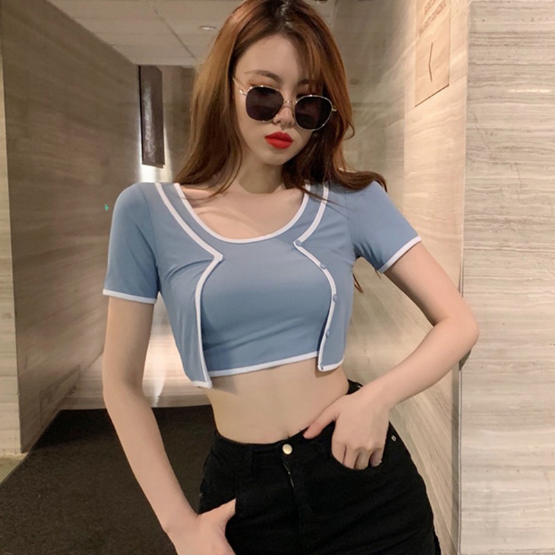 Contrasting Color Two-piece Short-sleeved T-shirt Women's Short All-match Top