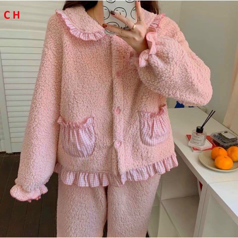Đồ bộ nữ mặc nhà- bộ ngủ lông cừu túi caro màu hồng from rộng ấm áp- pyjama dài tay phogn cách hàn quốc