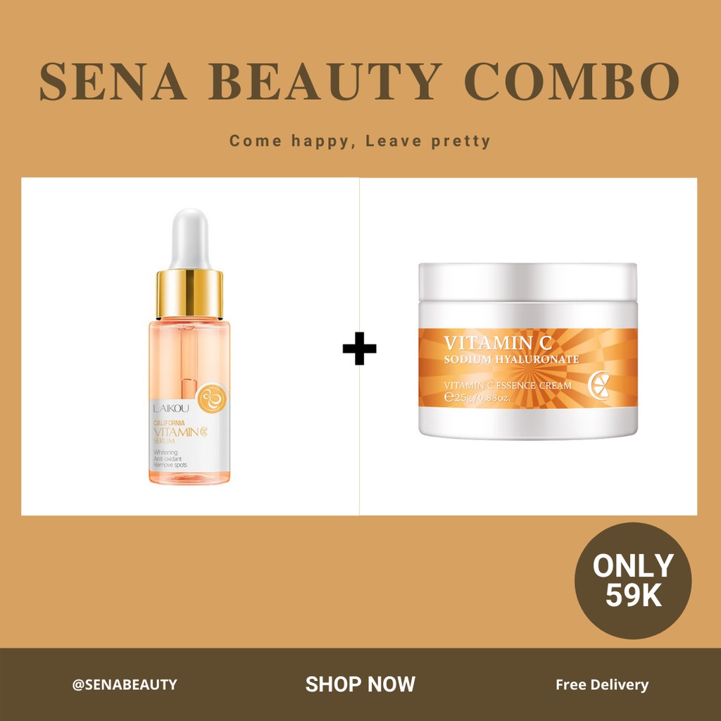 (CB2) Combo serum Vitamin C 17ml+ kem dưỡng ẩm trắng da ban đêm Laikou Vitamin C Essence Cream 25G