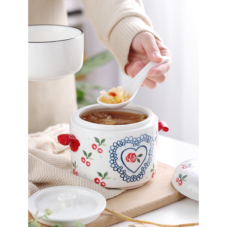 THỐ CHƯNG YẾN, THỐ SỨ HAI NẮP CAO CẤP HỌA TIẾT CHERRY SIÊU ĐÁNG YÊU