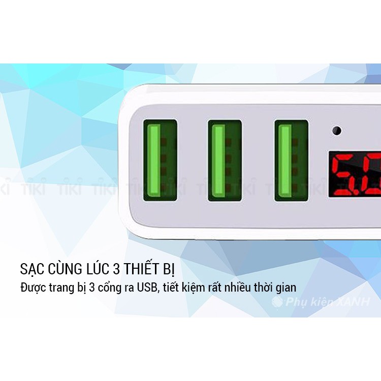 Cốc Sạc Củ Sạc Nhanh 3 Cổng Hoco C15 3A - Màn Hình LCD Hiển Thị Điện Áp - Chính Hãng Bảo Hành 12 Tháng