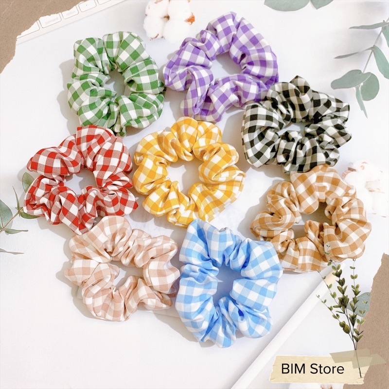 Dây buộc tóc scrunchies sọc caro dễ thương phong cách vintage phom to phồng đẹp vải dày dặn