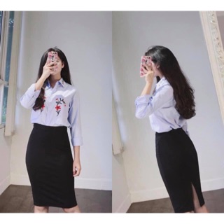 Chân váy bút chì công sở vải umi co dãn xẻ sau - Chân váy zip umi phong cách Hàn quốc