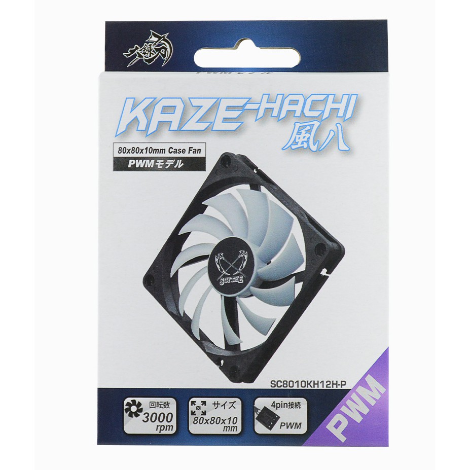 Quạt tản nhiệt fancase 8cm Scythe KAZE-HACHI 80mm - Slim fan mỏng 10mm, tốc 3000rpm, điều tốc PWM, hiệu năng cao