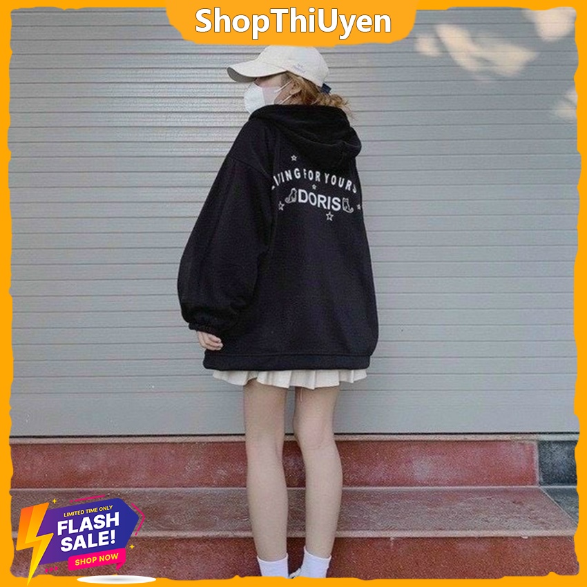 Áo khoác hoodie nỉ DORIS tay phồng dây khóa kéo màu đen đơn giản