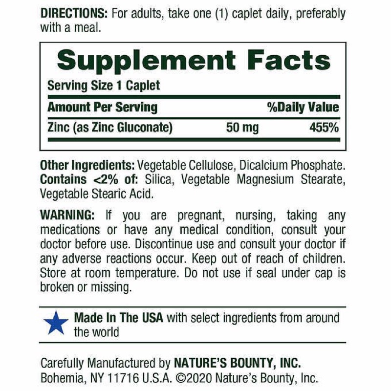[Bill Mỹ🇺🇸] Viên uống bổ sung kẽm Nature’s Bounty Zinc 50mg 400 viên Mỹ