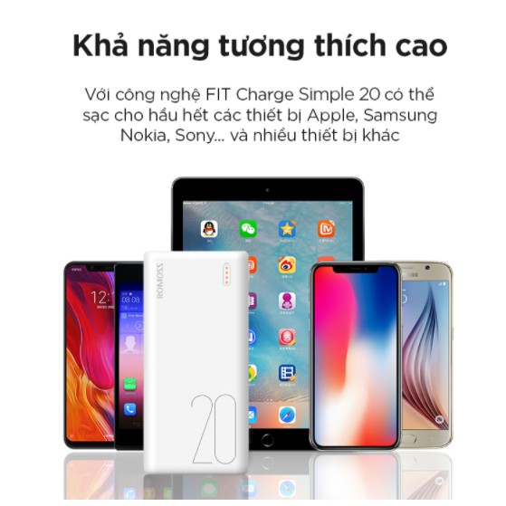 Pin sạc dự phòng Romoss Simple 20 20.000mAh nhỏ gọn 3 cổng input Micro - Lightning - Type C – Hàng chính hãng