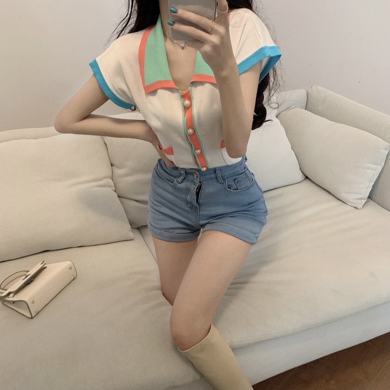 Áo Dệt Kim Ngắn Tay Phối Màu Tương Phản Đáng Yêu Cho Nữ