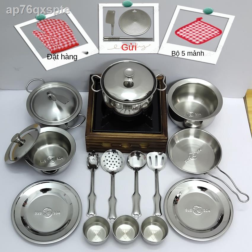 ◇◐◄Bộ đồ chơi nhà bếp mini nấu ăn, ăn thật, dùng nhỏ, vui trẻ em, inox 304