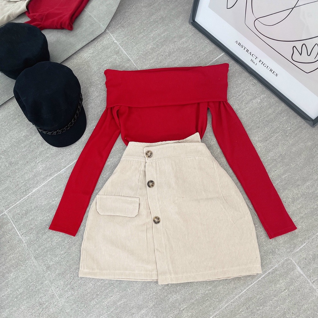 Set áo len đỏ bẹt vai chân váy chéo nút