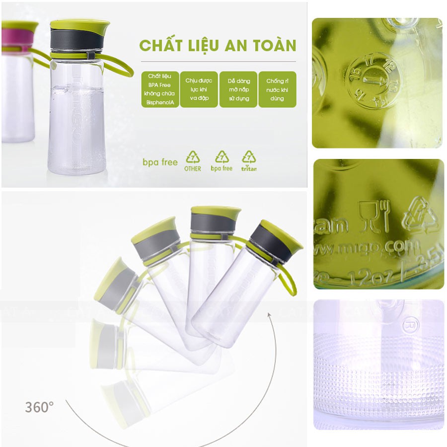 Bình đựng nước bằng Nhựa BPA FREE MIGO Cao cấp  - An toàn, trong suốt, có rây lọc, quai [500ML - 1782]