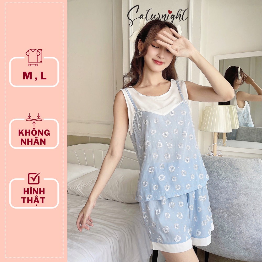 Đồ bộ nữ mặc nhà, đồ ngủ sát nách SATURNIGHT hoa cúc xanh dương H01209.6