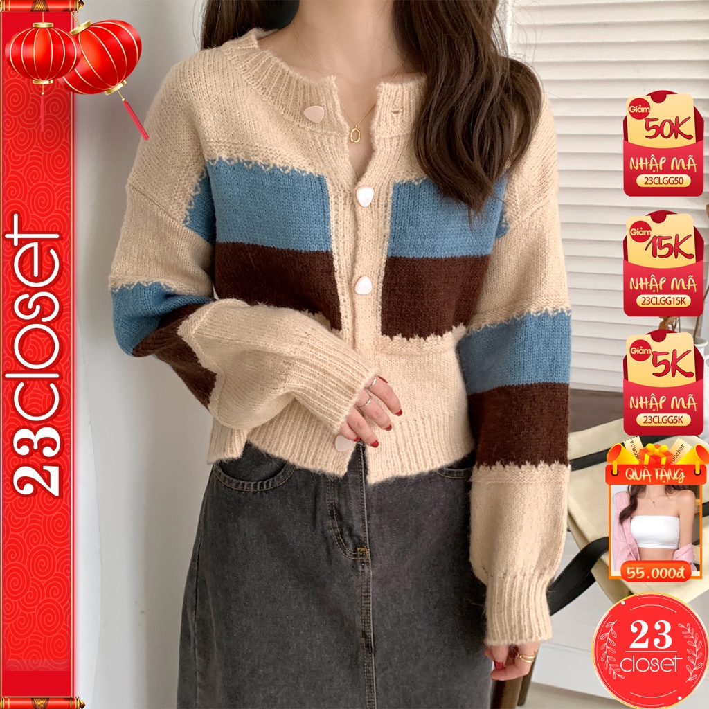 Áo khoác len nữ tay dài kẻ ngang 23Closet kiểu dáng cardigan khoác ngoài dài tay len dệt kim khoác thu đông -ALCR02