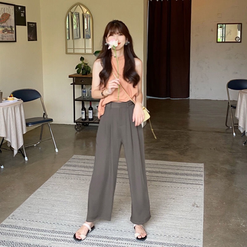 Quần Dài Ống Rộng Lưng Cao Phong Cách Hàn Quốc Thời Trang Cho Nữ