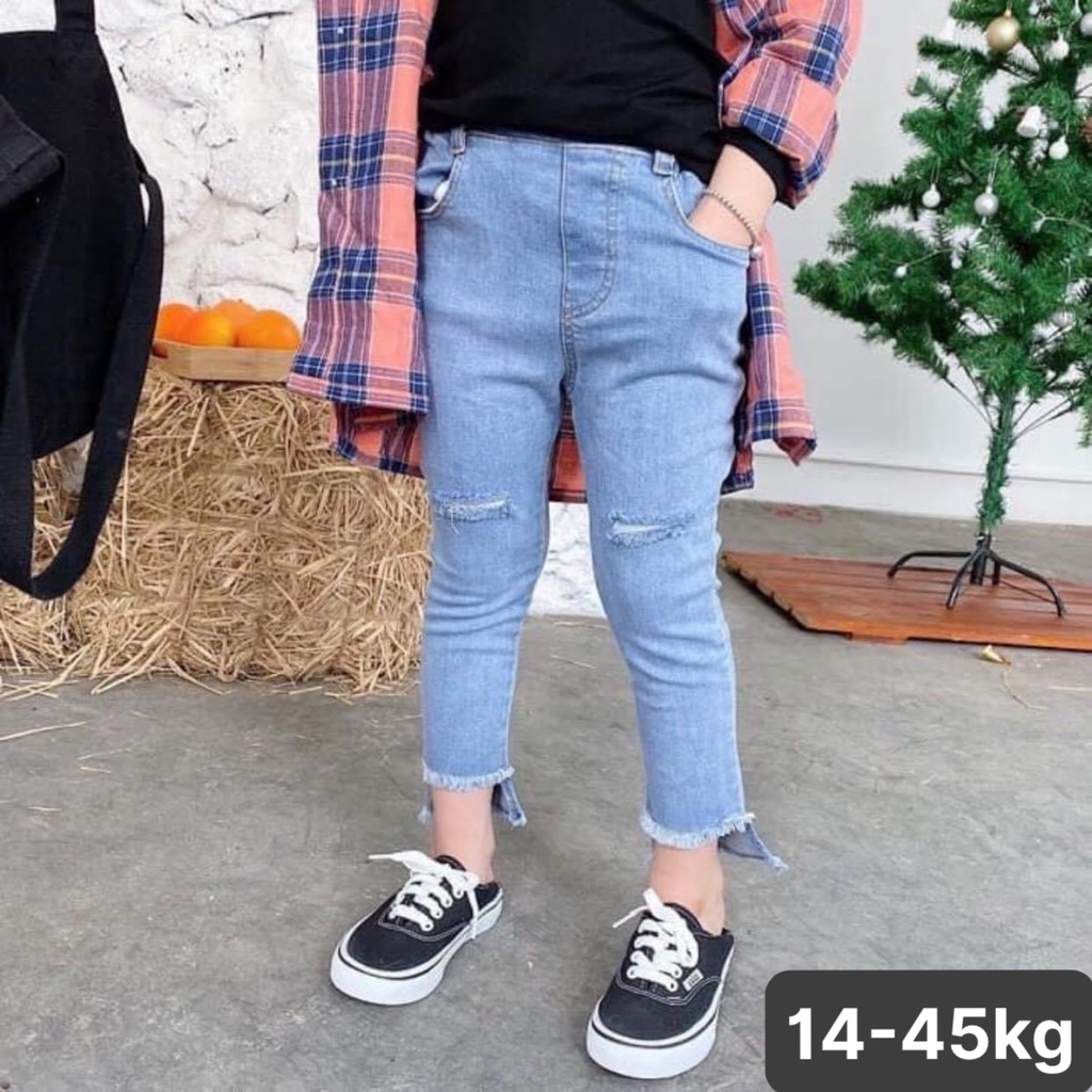Combo 2 quần jeans dài bé gái, quần bò rách lai bé gái cá tính, chất jeans mềm co dãn form chuẩn đẹp cho bé 15kg - 45kg