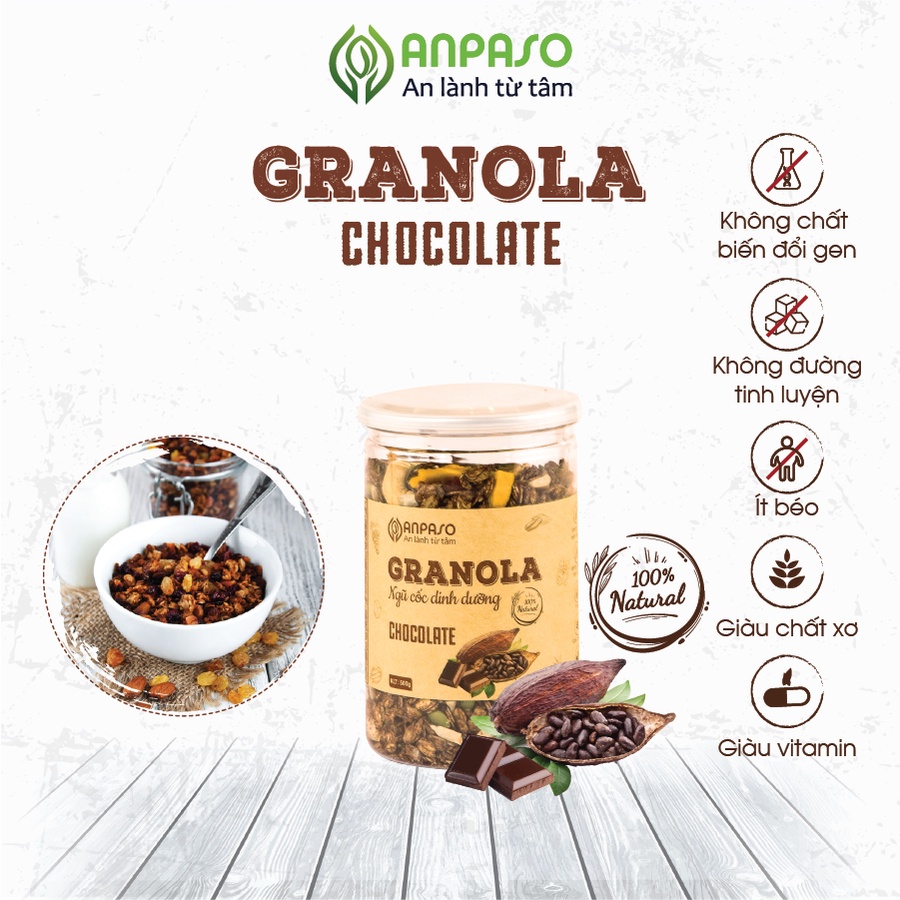 Granola Vị Chocolate Siêu Hạt Anpaso Ăn Kiêng,Giảm Cân,Eat Clean bổ sung dinh dưỡng, giữ vóc dáng, tốt cho tim mạch 300g