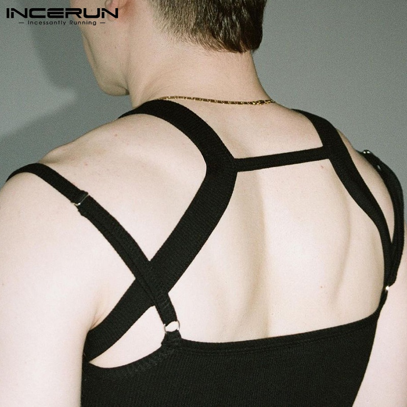 Áo tanktop INCERUN dáng ôm phối dây màu trơn thiết kế rỗng quyến rũ cho nam