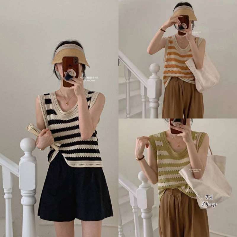 Áo len lưới kẻ viền hàng QC