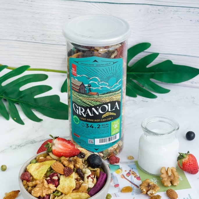 Granola Cao Cấp Mix 12 Loại Hạt Thương Hiệu Gạch Đỏ 500G Óc Chó Macca Ít Yến Mạch