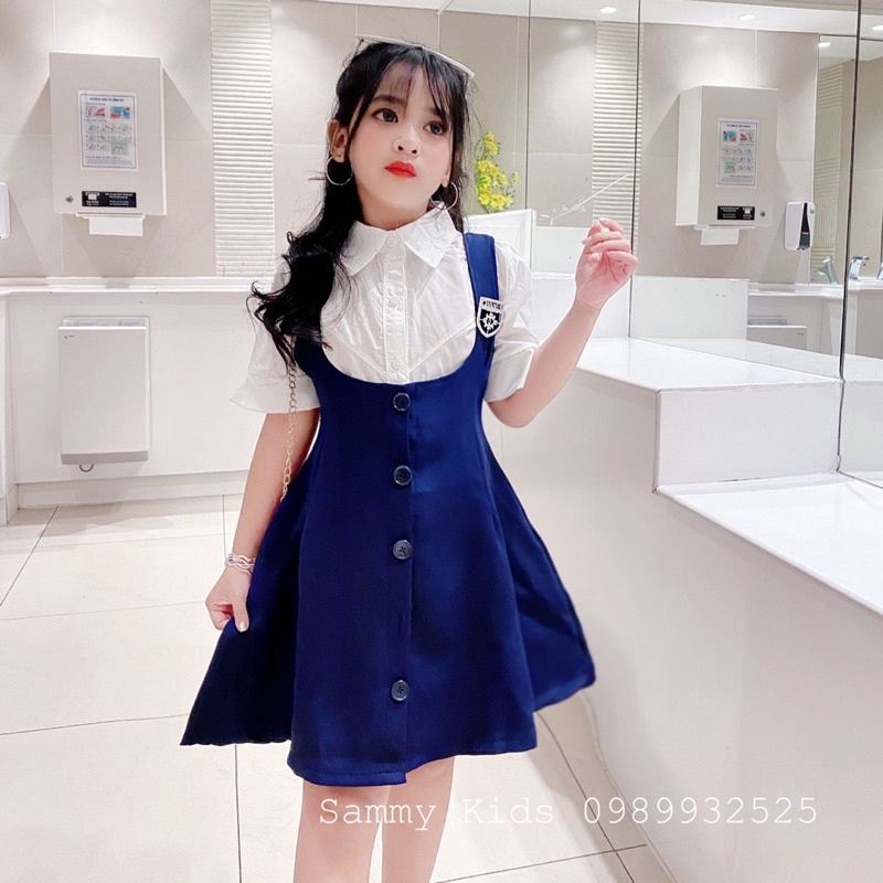 Set Yếm xoè Áo Sơmi kèm Tag Đá cao cấp cho bé gái size đại 16-41kg