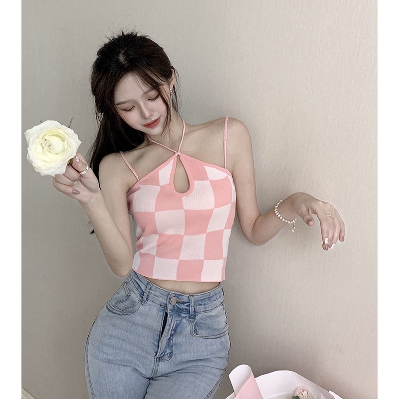 QKOOLE  Áo Hai Dây Họa Tiết Sọc Caro Phong Cách Hàn Quốc Thời Trang Cho Nữ