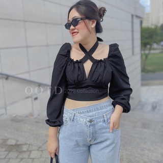 Áo kiểu bigsize nữ tay dài nhún ngực nơ bản [OOTD BIGSIZE 60-90KG]