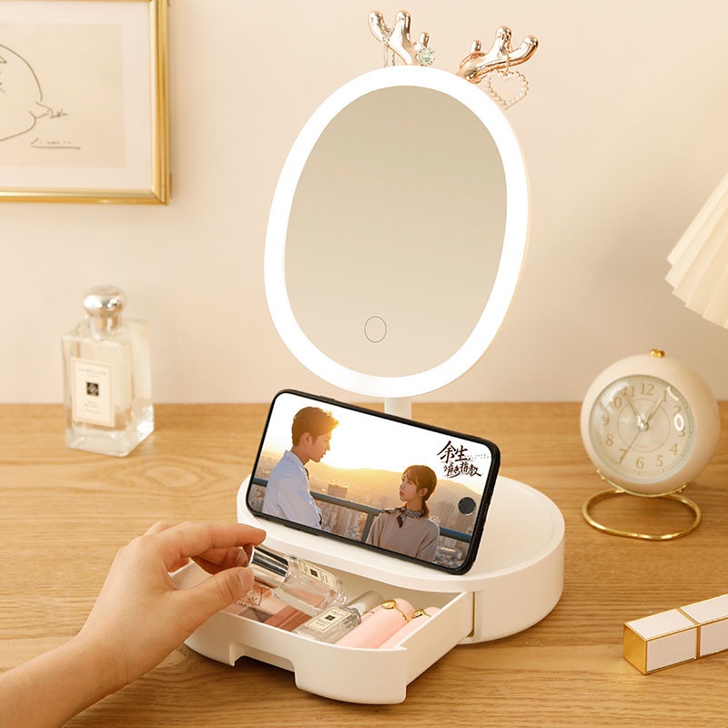 Gương để bàn phong cách bắc âu, gương để bàn trang điểm có đèn led cảm ứng thông minh NPR21