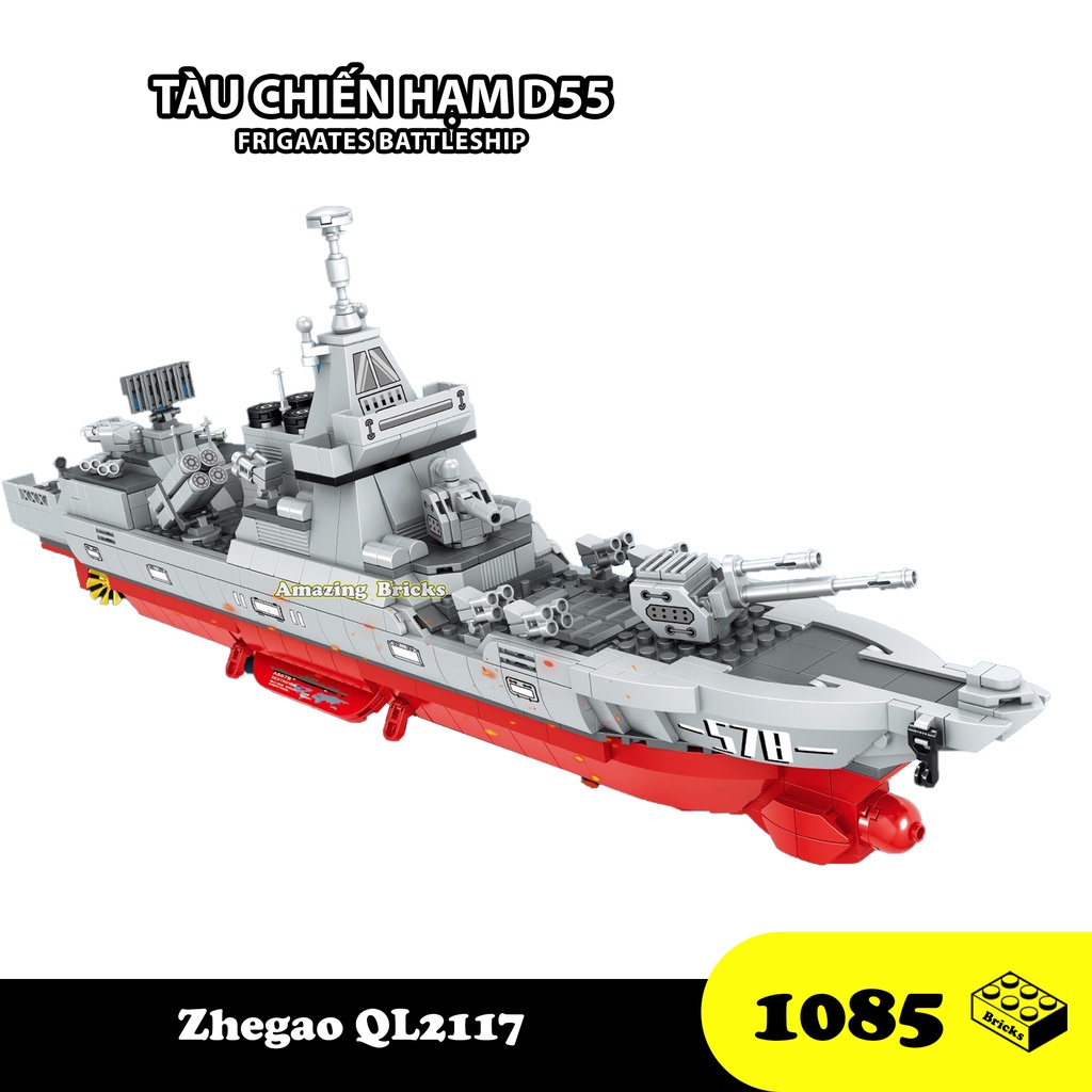 Đồ chơi Lắp ráp Tàu chiến hạm D55, Zhegao QL2117 Destroyer Cruiser, Xếp hình thông minh, Mô hình Thuyền chiến