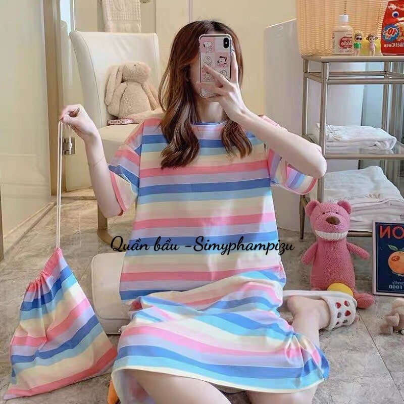 Váy ngủ cộc tay đầm ngủ dáng suông chất cotton mềm mát họa tiết hoạt hình dễ thương  bầu bí bon chen  V285