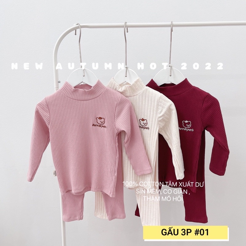 (set 3 bộ ) Bộ quần áo thu đông bé trai bé gái , bộ len tăm cổ 3 phân , co giãn 4 chiều , thấm hút mồ hôi tốt