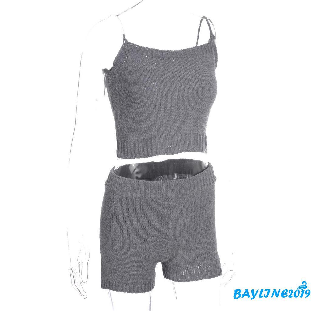 Set Áo Dệt Kim Sát Nách + Quần Short Màu Trơn Quyến Rũ Cho Nữ