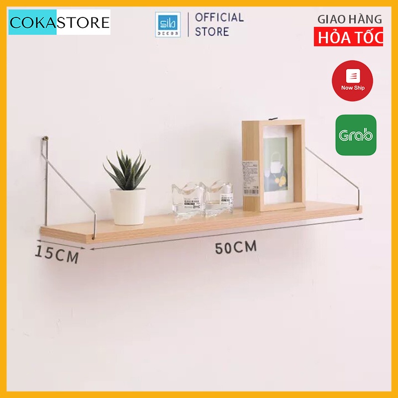 Kệ Treo Tường Trang Trí, Kệ Gỗ Thanh Ngang Treo Tường 50x15cm Không Cần Khoan Kèm Móc Treo Inox Cao Cấp Dễ Dàng Lắp Đặt