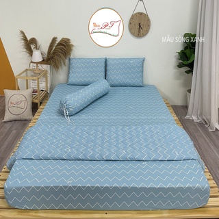 Bộ ga chống thấm cho bé kèm vỏ gối chính hãng PT, chất liệu thun lụa organic cao cấp (mẫu sóng xanh)