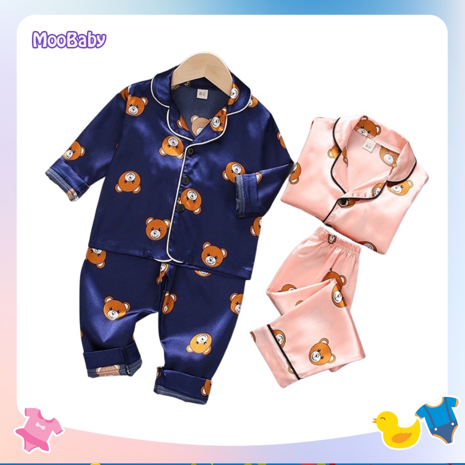 Đồ Bộ Pijama Dài Tay In Hình Gấu Chất Lụa Satin Cao Cấp, Đồ Ngủ Lụa Cho Bé Từ 7-28Kg - MOOBABY SHOP