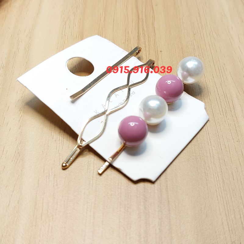 Set 3 Kẹp Hạt Châu Sắc Màu, Kẹp Tóc Nữ, Kẹp Tóc Đính Đá