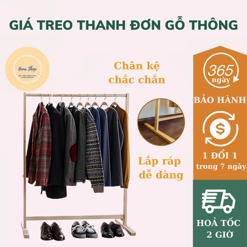 ❐▣Giá Treo Quần Áo Thanh Đơn Gỗ Thông Nhập Khẩu Cao Cấp - Kệ Màu Tự Nhiên BẢO HÀNH 1 ĐỔI Hana Shop