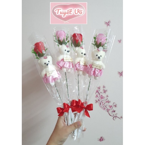 Hoa sáp 1 bông bó kèm gấu - hình và clip thật của shop