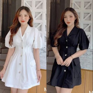 Đầm xòe cổ vest cài nút tay phồng chít eo phối 2 túi Hàng Thiết Kế