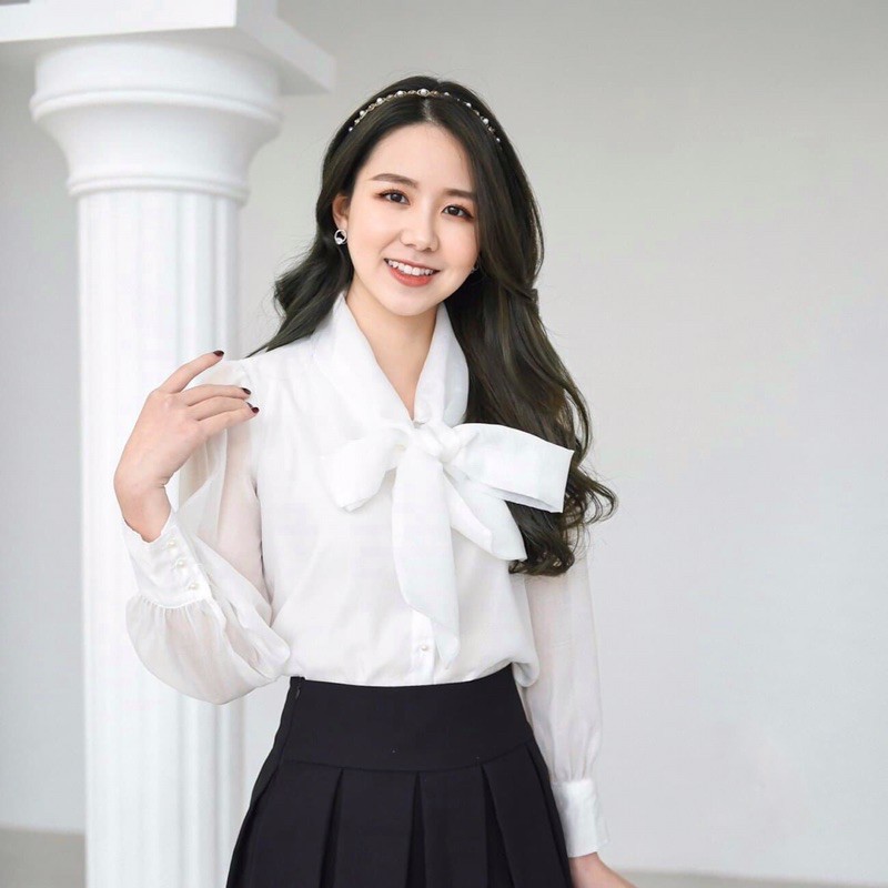 ⚡️SƠ MI⚡️Áo sơ mi nơ trước, tay đính 2 cúc ngọc | BigBuy360 - bigbuy360.vn